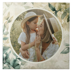Watercolor Leaves Pattern Personalized Photo Ceramic Tile