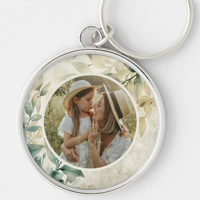 Watercolor Leaves Pattern Personalized Photo Keychain (Front)
