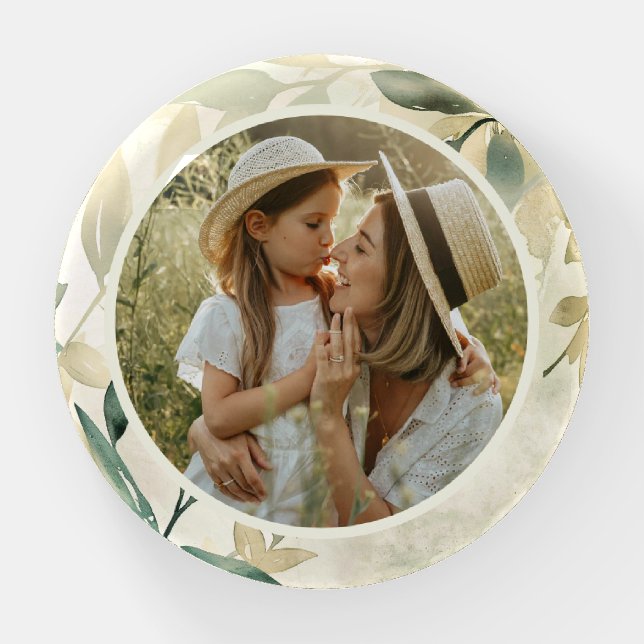 Watercolor Leaves Pattern Personalized Photo Paperweight (Front)