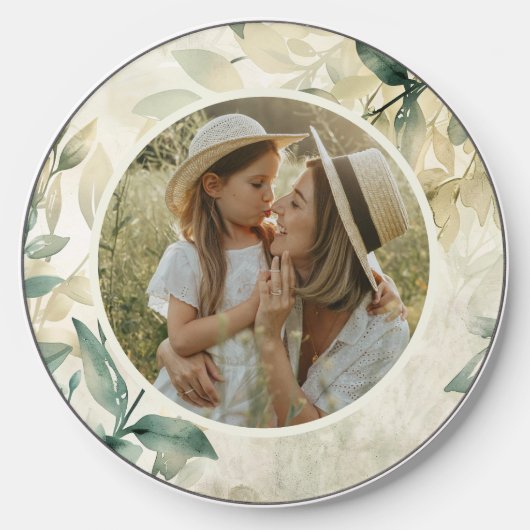 Watercolor Leaves Pattern Personalized Photo Wireless Charger (Front)