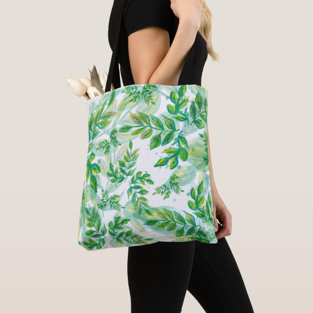 Watercolor Leaves Pattern Tote Bag (Close Up)