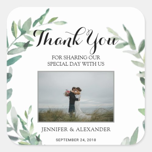 Watercolor leaves photo Wedding Thank You Favor Square Sticker