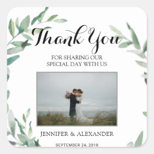 Watercolor leaves photo Wedding Thank You Favor Square Sticker