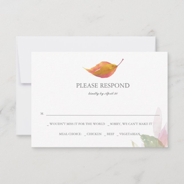 Watercolor Leaves Rustic Wedding RSVP Cards (Front)