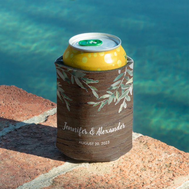 Watercolor leaves rustic wood Bride Groom Wedding Can Cooler (In Situ Pool)