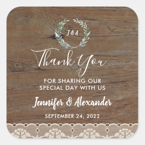 Watercolor leaves rustic wood monogram thank you square sticker