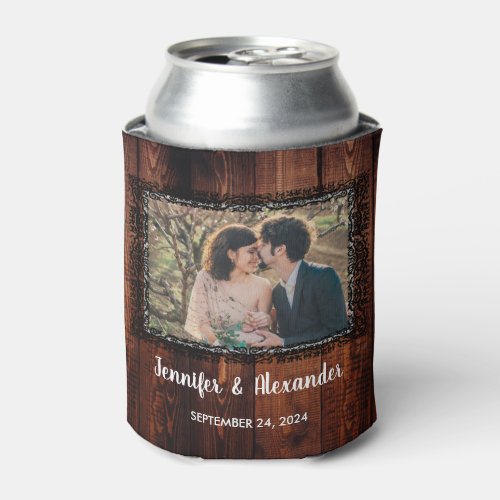 Watercolor leaves rustic wood photo wedding can cooler