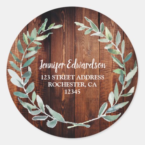 Watercolor leaves rustic wood return address classic round sticker
