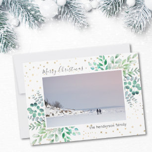Watercolor Leaves Stars Photo Merry Christmas Holiday Card
