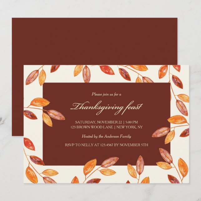 Watercolor Leaves Thanksgiving Feast Party Invitation (Front/Back)