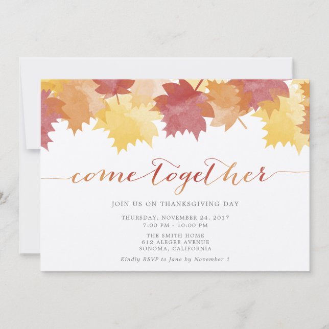 Watercolor Leaves Thanksgiving Party Invite (Front)