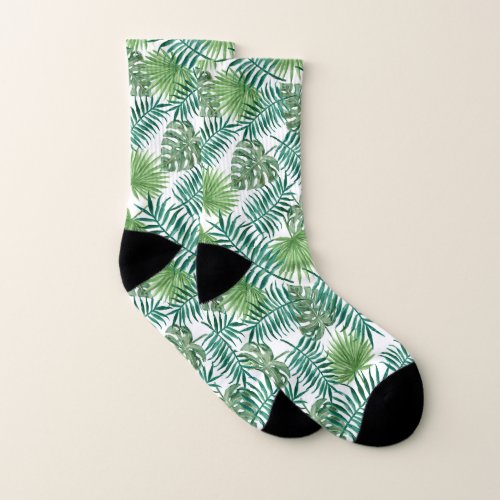 Watercolor Leaves Tropical Palm Tree Leaf Pattern Socks