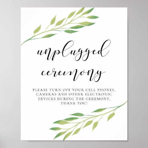Watercolor leaves Unplugged ceremony wedding sign