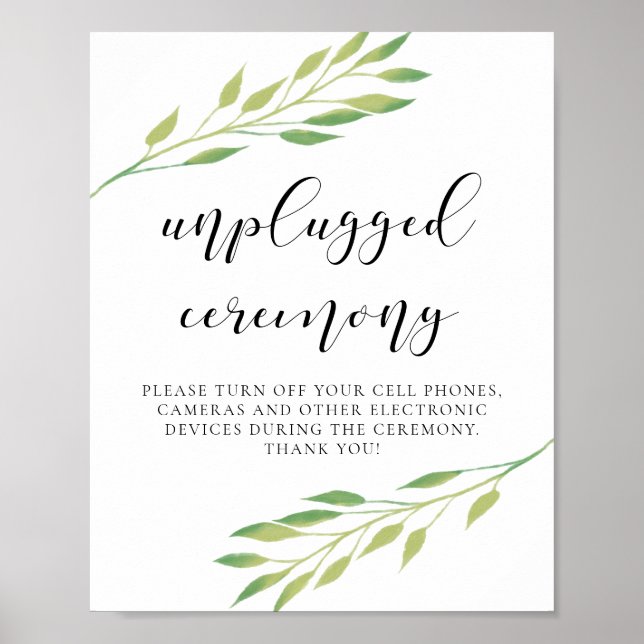 Watercolor leaves Unplugged ceremony wedding sign (Front)