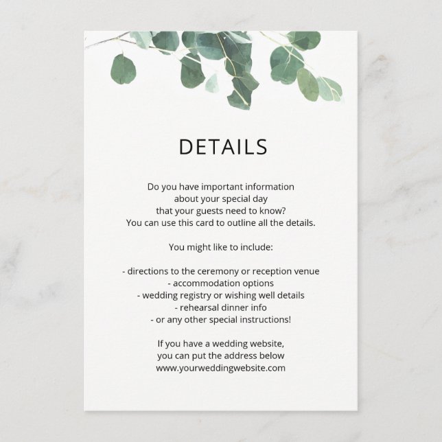 Watercolor leaves wedding details info card modern (Front)