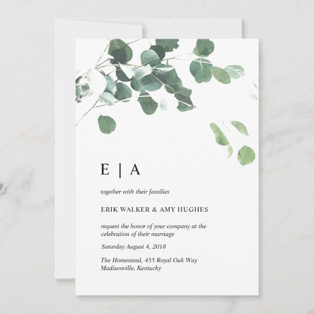 Watercolor leaves wedding invitation (Front)