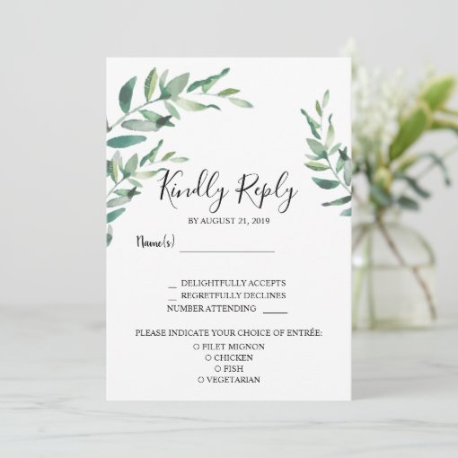 Watercolor leaves Wedding RSVP meal choice Invitation | Zazzle