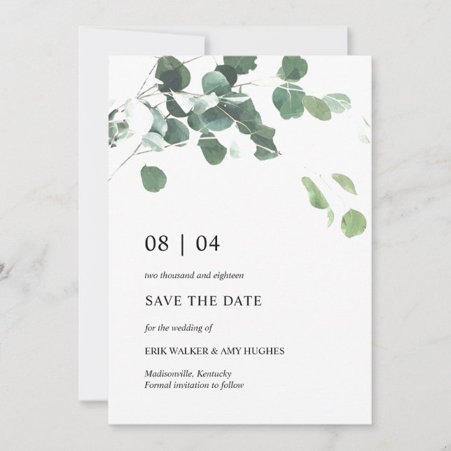 Watercolor leaves wedding save the date (Front)
