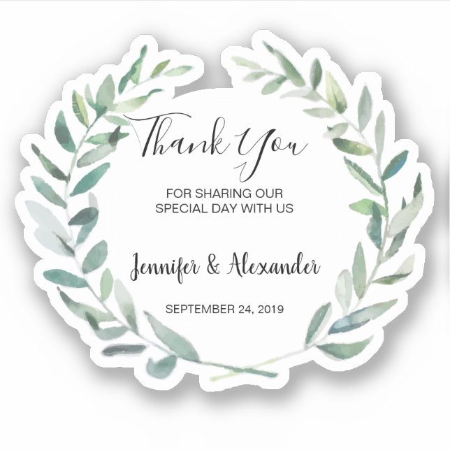 Watercolor leaves Wedding Thank You custom cut Sticker (Front)