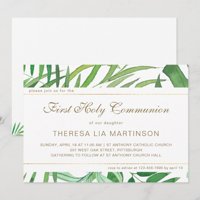 Watercolor Leaves with Cross Holy Communion Invitation (Front/Back)