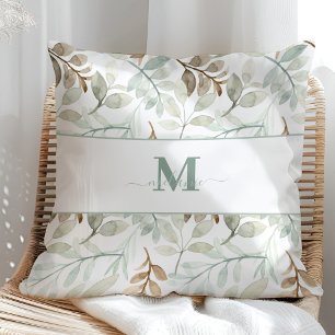 Watercolor leaves with Custom Name and Initial Throw Pillow