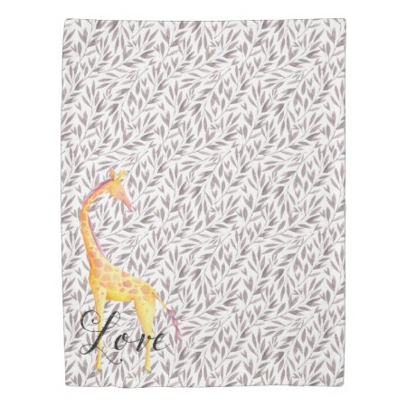 Watercolor Leaves With Giraffe Love Duvet Cover