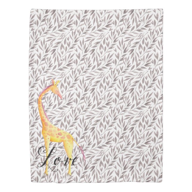 Watercolor Leaves with Giraffe Love Duvet Cover (Front)