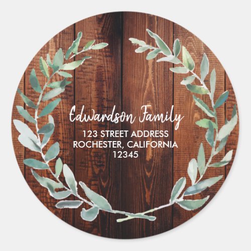 Watercolor leaves wood family name return address classic round sticker