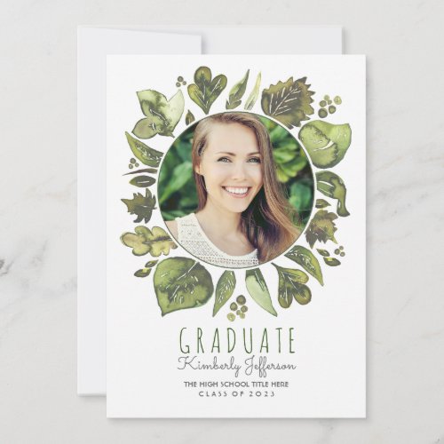 Watercolor Leaves Wreath Photo Graduation Invitation - Watercolor leaves - greenery wreath modern and whimsical photo graduation announcement and graduation party invitation in one