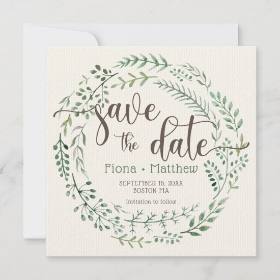 Watercolor Leaves Wreath Photo Save The Date Card