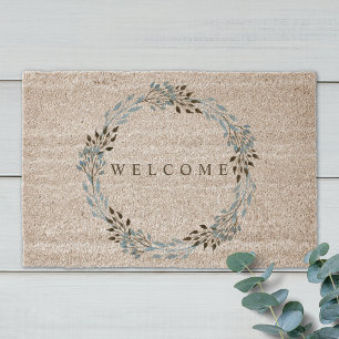 Watercolor Leaves Wreath Welcome Coir Mat