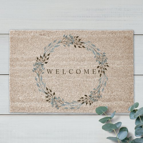 Watercolor Leaves Wreath Welcome Coir Mat