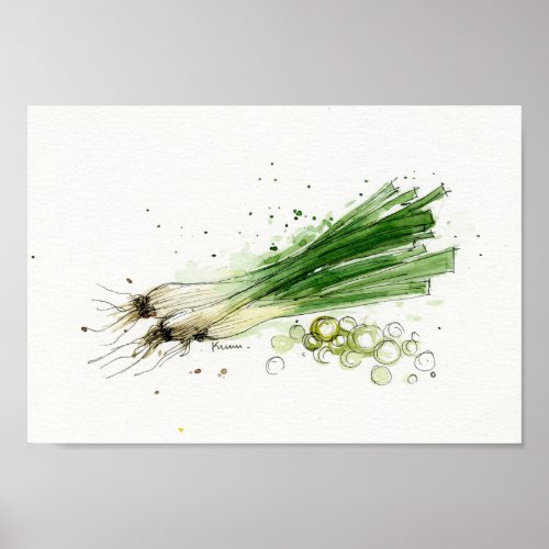 Watercolor leeks vegetable kitchen art poster