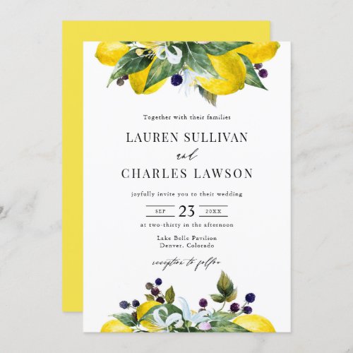 Watercolor Lemon and Blackberry Summer Wedding Invitation