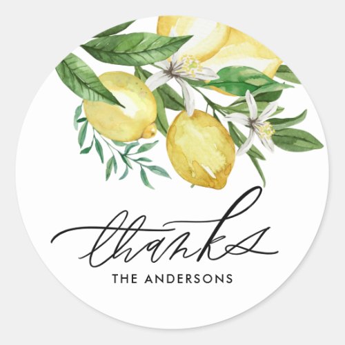 Watercolor Lemon and Blossoms Wedding Thank You Classic Round Sticker
