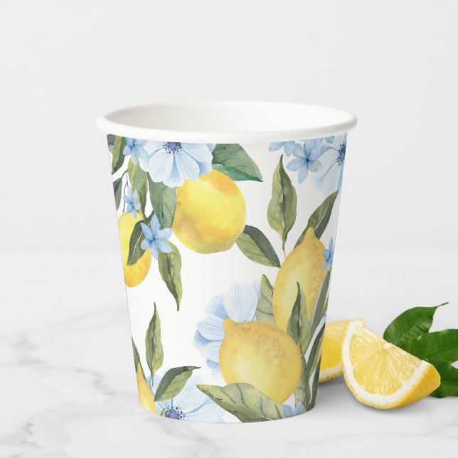 Watercolor Lemon and Blue Flower Paper Cups (Watercolor Lemon and Blue Flower Paper Cups for Birthday, Baby Shower or Bridal Shower - Sets of 8)