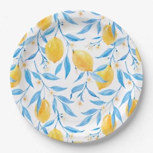 Watercolor Lemon and Blue Leaves Paper Plates