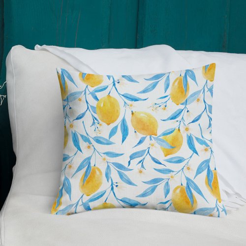 Watercolor Lemon and Blue Leaves Throw Pillow