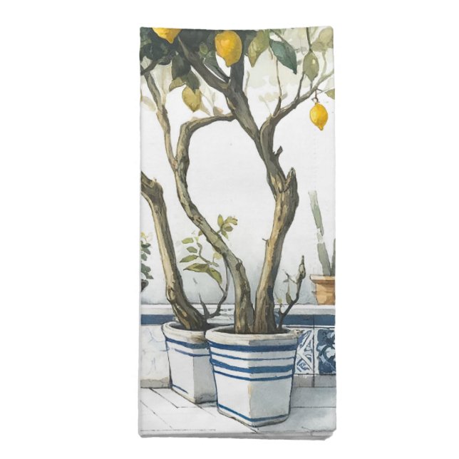Watercolor Lemon and Blue Tile Terrace Cloth Napkin (Folded)