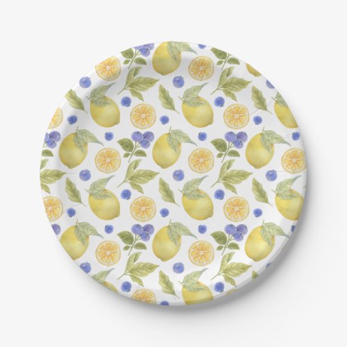 Watercolor Lemon and Blueberry Fruit with Leaves  Paper Plates