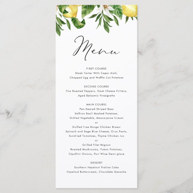 Watercolor Lemon and Greenery Summer Wedding Menu (Front)