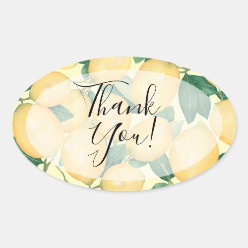 Watercolor Lemon and Greenery Thank You Oval Sticker