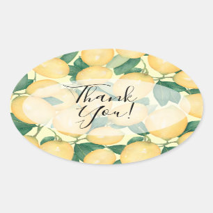 Watercolor Lemon and Greenery Thank You Oval Sticker