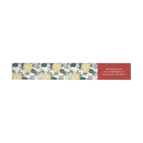 Watercolor Lemon and Holly Christmas Pattern Wrap Around Label