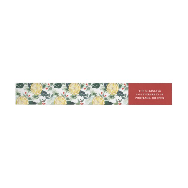 Watercolor Lemon and Holly Christmas Pattern Wrap Around Label (Individual)