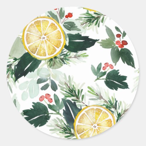 Watercolor Lemon and Holly Pattern Christmas Classic Round Sticker