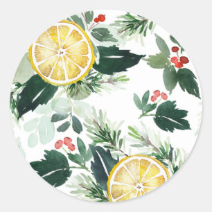 Watercolor Lemon and Holly Pattern Christmas Classic Round Sticker