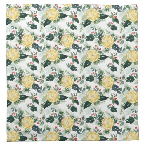 Watercolor Lemon and Holly Pattern Christmas Cloth Napkin