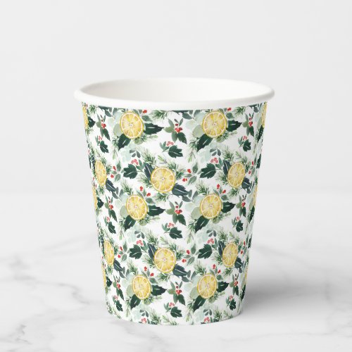 Watercolor Lemon and Holly Pattern Christmas Paper Cups