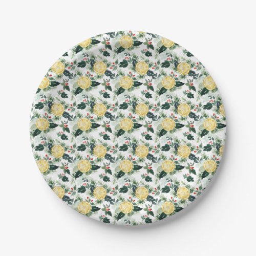 Watercolor Lemon and Holly Pattern Christmas Paper Plates